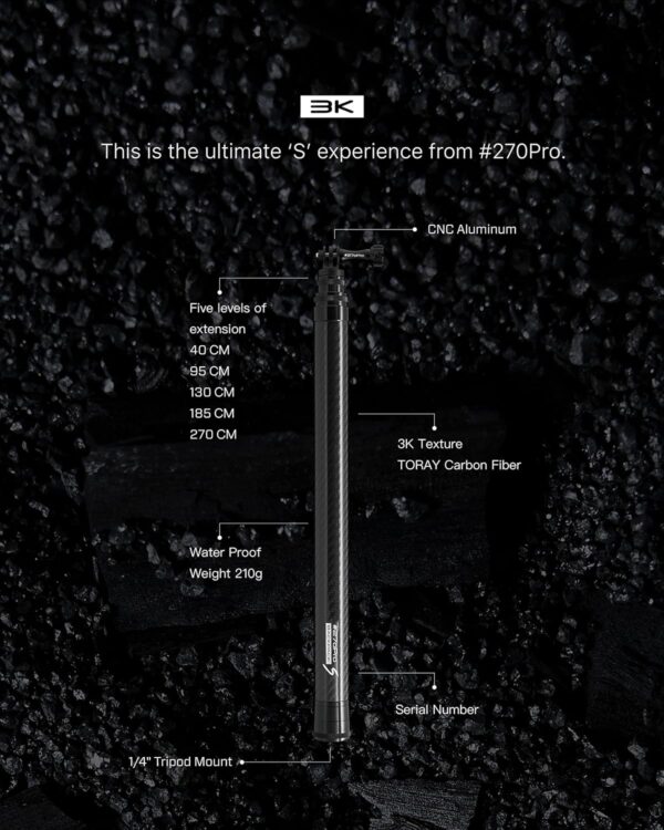 #270Pro Backpack S 3K | Original Design 8.8Ft Ultra-Long Invisible Selfie Stick, 99% Carbon Fiber, Lightweight & Portable, Works with GoPro, Insta360, DJI (Adapter Required for Some Models) - Image 9