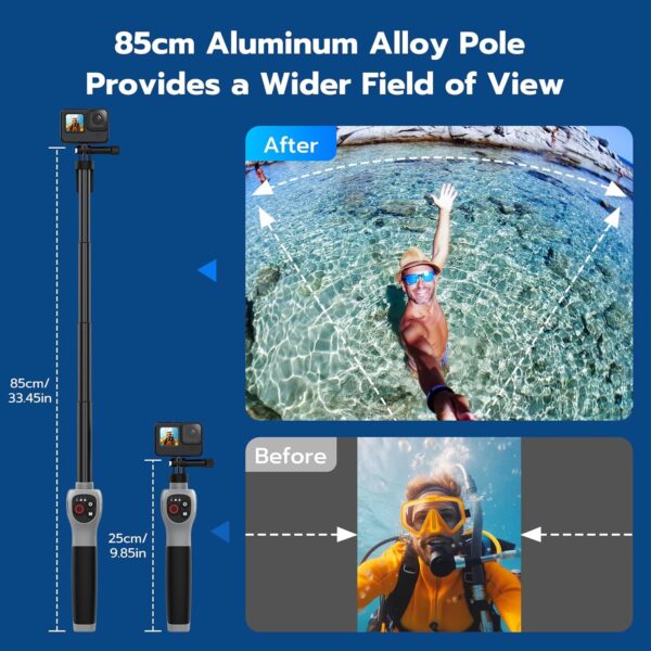 Underwater Bluetooth Selfie Stick for GoPro Hero 13 12 11 10 9 8, 33inch Waterproof Extendable Pole with Remote, 21 Hours Shooting for Diving Surfing Snorkeling, Perfect for Stunning Underwater Shots - Image 3