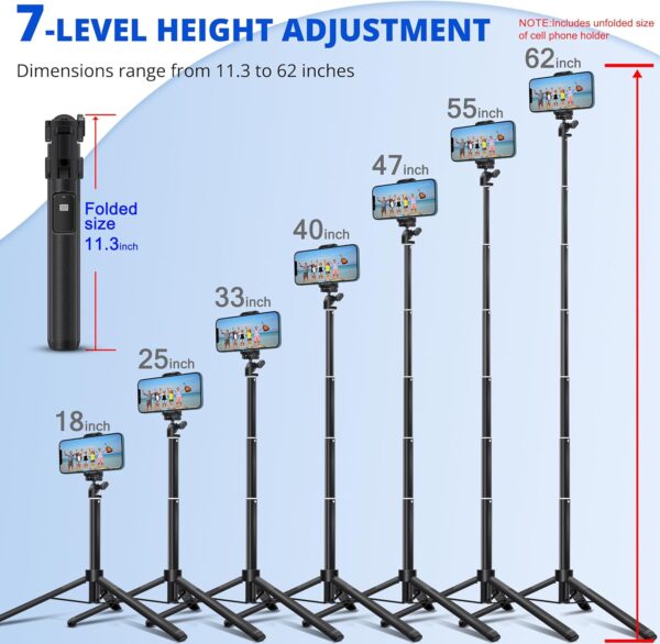 Extendable 62 inches Aluminum Alloy Selfie Stick Phone Tripod Stand New Model with Wireless Remote Shutter Compatible with All Cell Phones/Live Stream/Vlog/iPhone 16/15/14/13/Android - Image 3