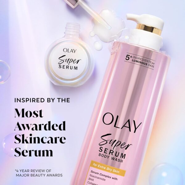 Olay Super Serum Body Wash for Extra Dry Skin, 24hr Long Lasting Hydration, 5+ Ingredient Serum Complex for Bright Even Firm Luminous Skin, 18.5 fl oz - Image 6
