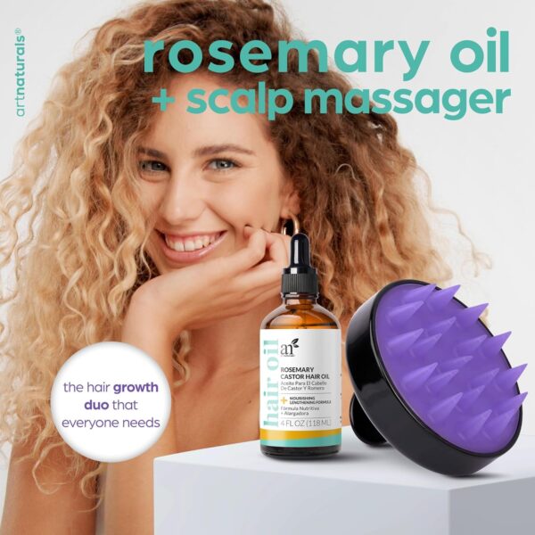 ArtNaturals Organic Rosemary & Castor Hair Growth Oil + Scalp Massager Set – Hair Styling Oils for Dry, Itchy Scalp, Thickening & Hydration - Scalp Oil Products For Damaged Hair & Split Ends – 4.0 oz - Image 2