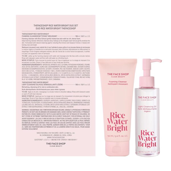 The Face Shop Rice Water Bright Double Cleansing Duo Set with Ceramide, Korean Skin Care, Gentle Face Wash & Pore Control Cleansing Oil, Hydrating, Moisturizing, Vegan Facial Cleanser, Makeup Remover - Image 2