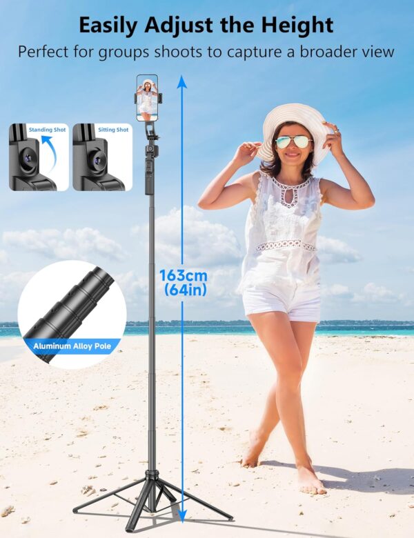 64'' Auto Face Tracking Tripod 360 Rotation with Stand, Handheld Stabilization, Aluminum Quadrapod Selfie Stick Phone Tripod with Remote Compatible with iPhone, Android for TikTok, Live Streaming - Image 5