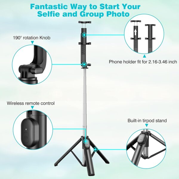 Selfie Stick, Extendable Selfie Stick Tripod with Wireless Remote & Phone Holder, Portable Phone Tripod for Group Selfie/Live Streaming/Video Recording, Compatible with iPhone & Android Devices - Image 7