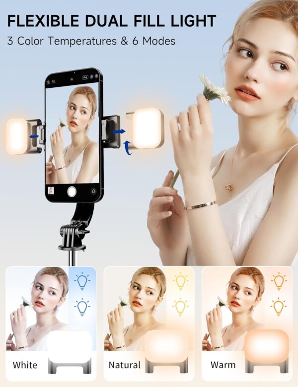 45" Selfie Stick Tripod with 2 Lights, Extendable 5 in 1 Selfie Stick Phone Tripod, Portable Selfie Sticks with Wireless Remote Compatible with iPhone 15/14/13 Pro Max, Samsung, Android, Gopro - Image 2