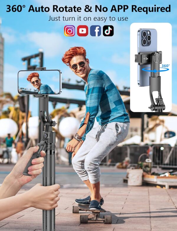 64'' Auto Face Tracking Tripod 360 Rotation with Stand, Handheld Stabilization, Aluminum Quadrapod Selfie Stick Phone Tripod with Remote Compatible with iPhone, Android for TikTok, Live Streaming - Image 8
