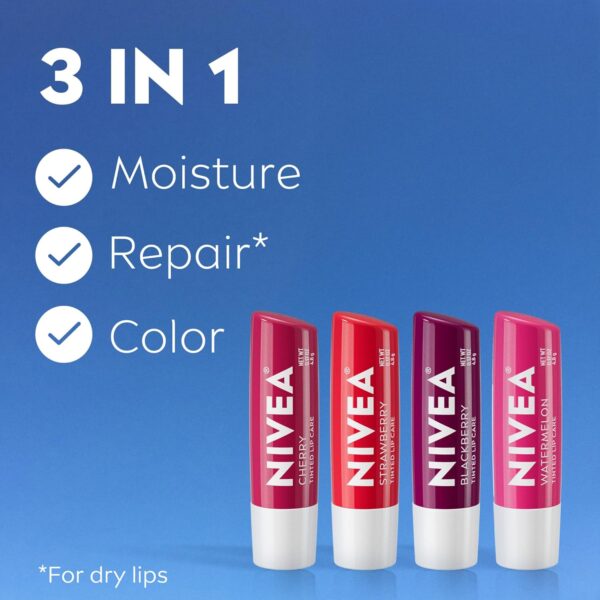NIVEA Lip Care, Fruity Tinted Lip Balm Variety Pack, Cherry, Strawberry, Blackberry and Watermelon Flavors, 3-in-1 Moisture, Repair and Color, 0.17 Oz Stick, Pack of 4 - Image 3