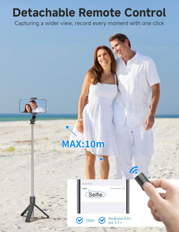 Portable Selfie Stick Tripod, 4 in 1 Extendable Phone Tripod Stand with Detachable Wireless Remote & Phone Holder 360° Rotating Mini Travel Tripod Compatible with iPhone 16/15/14/13 Pro/Android/Gopro - Image 3