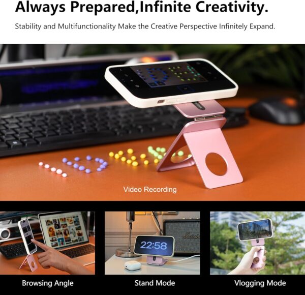 Phone Tripod Stand, Aluminum Alloy Mini Tripod Compatible with Magsafe iPhone 16/15/14/13/12 Series, Foldable Strong Magnetic Phone Stand, Mult-Angle Adjustment Selfie Stick (Pink) - Image 4