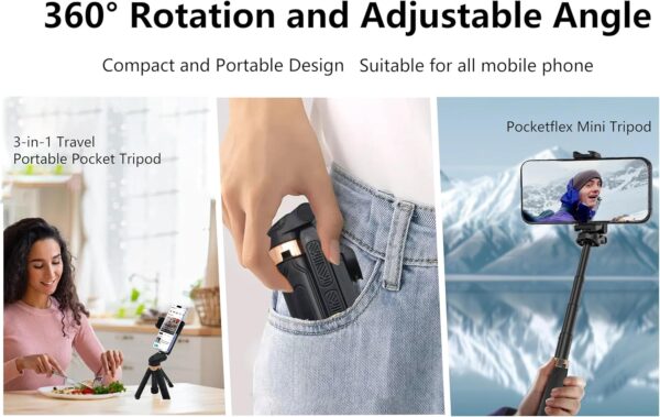 2025 New Pocketflex Mini Tripod, Pocket Flex Portable Selfie Stick, Magic Selfie Stick, Flipping Flexible Tripod Mini JJ02, 360°Pocket Flex Selfie Stick with Remote (Black) - Image 3