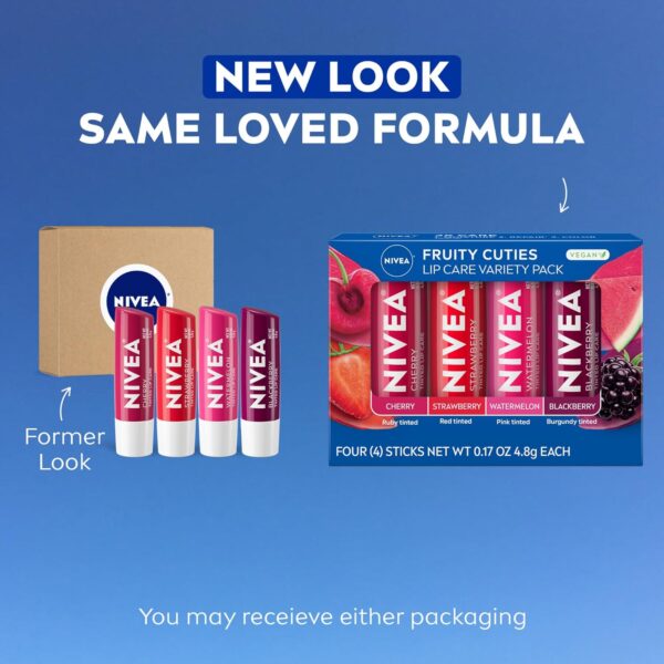 NIVEA Lip Care, Fruity Tinted Lip Balm Variety Pack, Cherry, Strawberry, Blackberry and Watermelon Flavors, 3-in-1 Moisture, Repair and Color, 0.17 Oz Stick, Pack of 4 - Image 2