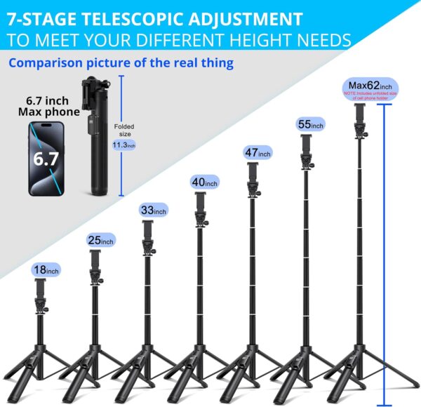 BZE 62 inches Extendable Selfie Stick Tripod with Wireless Remote & Phone Holder, Portable Aluminum Alloy 3 in 1 Stand for Group Photos, Vlogging & Travel Compatible with All Smartphones - Image 2