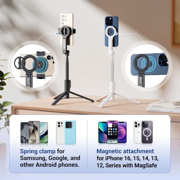 Magnetic Phone Tripod Selfie Stick, 40.9” Extendable Cell Phone Tripod Stand for iPhone 16 15 14 13 12 MagSafe Phone Case with Clamp & Wireless Remote for Selfie Vlogging Video Recording-Black - Image 3