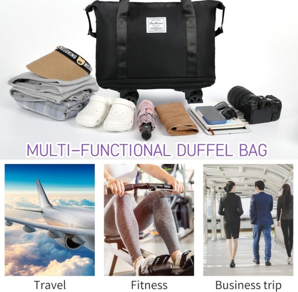 VOOWO Rolling Duffle Bag with Wheels, Expandable Foldable Duffle Bag for Travel, Rolling Under Seat Luggage Carry on Duffel Bags, Wheeled Travel Duffel Large Overnight Weekend Bags (Black) - Image 5