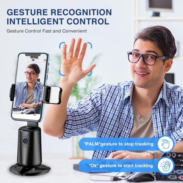 Auto Face Tracking Tripod 360° Rotating Auto Tracking Phone Stand, No App, Phone Camera Stand with Remote and Gesture Control, Rechargeable Smart Shooting Stand for Live Video Recording Tiktok（Black） - Image 3