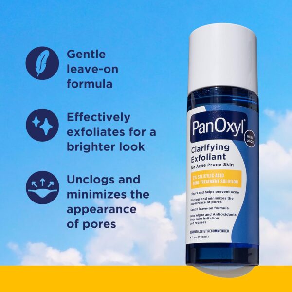 PanOxyl Clarifying Exfoliant with 2% Salicylic Acid, BHA Liquid Exfoliant for Face, Unclogs, Minimizes Appearance of Pores, Blue Algae and Antioxidants Help Calm Redness, For Acne Prone Skin, 4 fl oz - Image 3