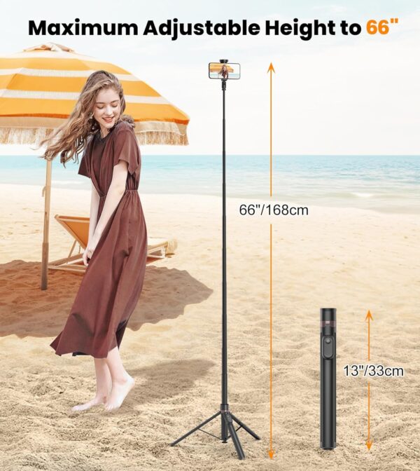 TONEOF 66" Automatic Phone Tripod with Magnetic Rechargable Remote,Selfie Stick 360° Vertical & Horizontal Rotatable,Stable for iPhone/Android(Black) - Image 3