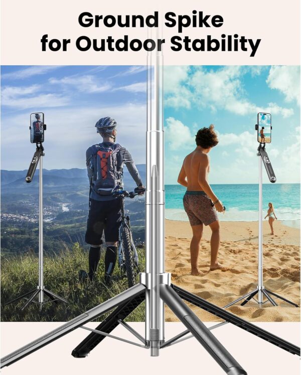 Phone Tripod Selfie Stick with Ground Spike, 71" Portable Outdoor Selfie Stick with Detachable Wireless Remote, Extendable Tall Travel Tripod for Vlogging, Live Streaming, Video Recording - Image 2