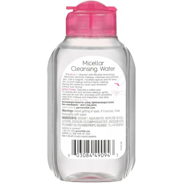 Garnier Micellar Cleansing Water, All-in-1 Makeup Remover and Facial Cleanser, For All Skin Types, 3.4 Fl Oz (100mL), 1 Count (Packaging May Vary) - Image 2