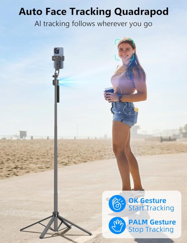 64'' Auto Face Tracking Tripod 360 Rotation with Stand, Handheld Stabilization, Aluminum Quadrapod Selfie Stick Phone Tripod with Remote Compatible with iPhone, Android for TikTok, Live Streaming - Image 2