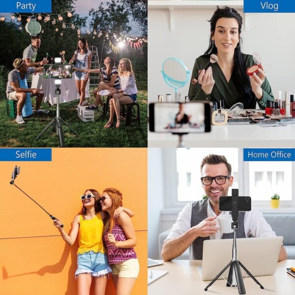 41” Selfie Stick Tripod Quadrapod with 2 Rechargeable Fill Light, Extendable Tripod with Bluetooth Remote, Stainless Steel, 3 Light Modes, 9 Brightness Levels, Compatible for All iPhone & Android - Image 7