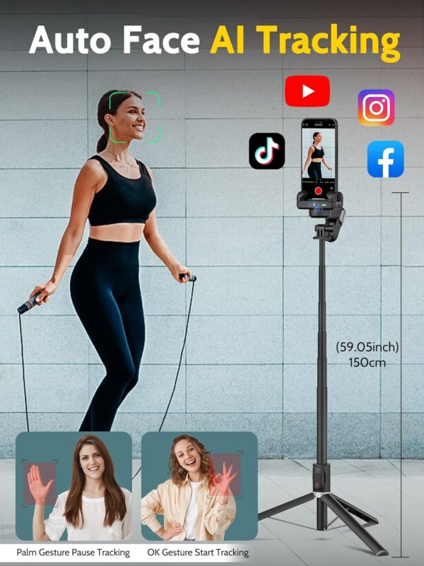 Auto Face Tracking Tripod 360 Rotation for iPhone Android,Phone Stand Follow You for Video Recording,Selfie Stick Tripod with RGB Light,Remote Control for YouTube,TikTok Vlogging(M2Pro Black) - Image 2