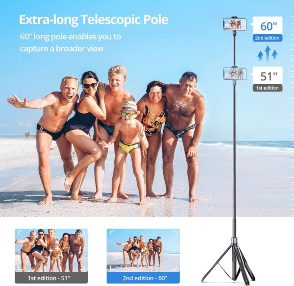 ATUMTEK 60" Selfie Stick Tripod, All in One Extendable Phone Tripod Stand with Bluetooth Remote 360° Rotation for iPhone and Android Phone Selfies, Video Recording, Vlogging, Live Streaming, Black - Image 4