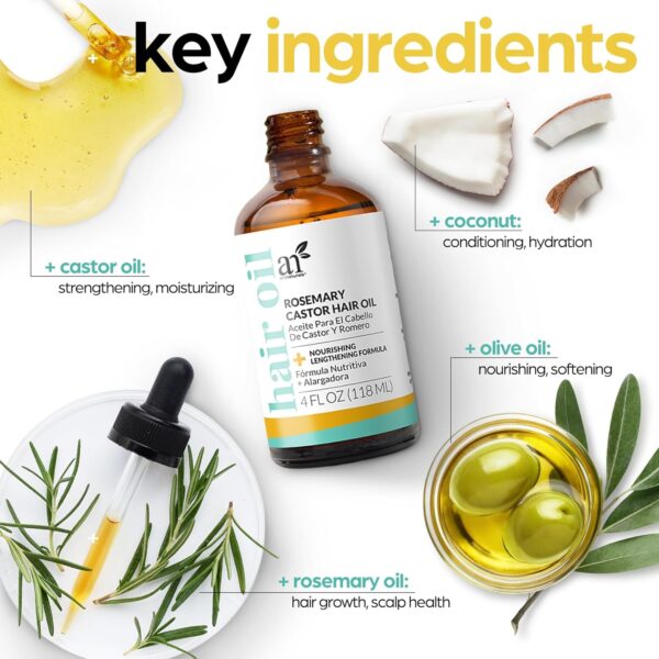ArtNaturals Organic Rosemary & Castor Hair Growth Oil + Scalp Massager Set – Hair Styling Oils for Dry, Itchy Scalp, Thickening & Hydration - Scalp Oil Products For Damaged Hair & Split Ends – 4.0 oz - Image 5