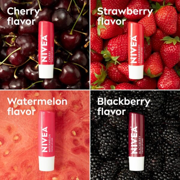 NIVEA Lip Care, Fruity Tinted Lip Balm Variety Pack, Cherry, Strawberry, Blackberry and Watermelon Flavors, 3-in-1 Moisture, Repair and Color, 0.17 Oz Stick, Pack of 4 - Image 5