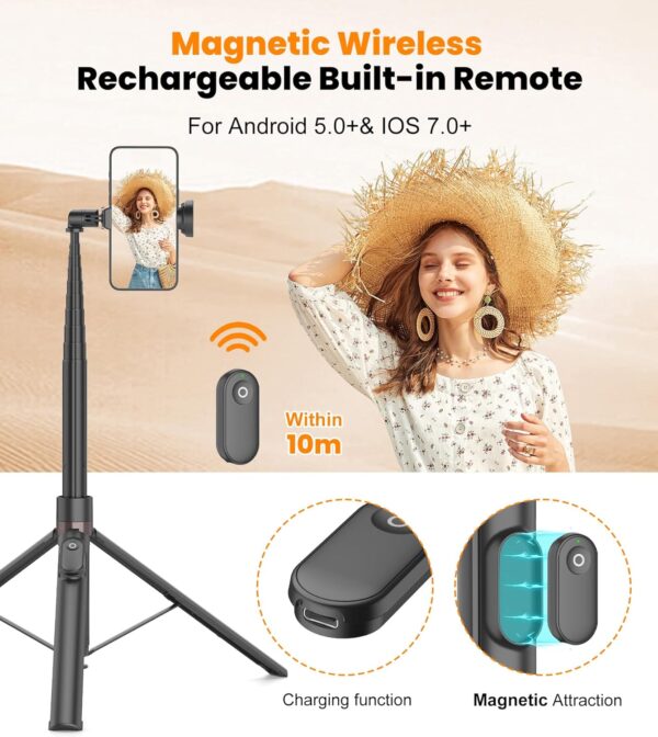 TONEOF 66" Automatic Phone Tripod with Magnetic Rechargable Remote,Selfie Stick 360° Vertical & Horizontal Rotatable,Stable for iPhone/Android(Black) - Image 5