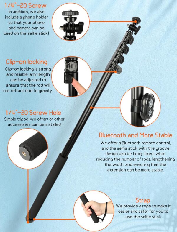 BMZX Invisible Selfie Stick 118" Long Selfie Stick,9.8ft with Wireless Remote, Selfie Stick for iPhone, Android, Fit for Insta360 X4, X3, ONE X2, ONE R, ONE X, 1/4”-20 Screw Mount Cameras (29 to 118") - Image 3