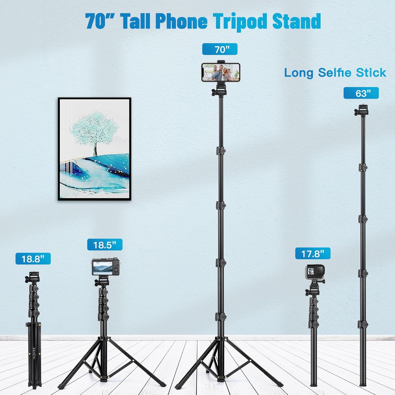 Victiv 70" Phone Tripod, Camera Stand Tripod with Remote and Phone Holder, Sturdy & Stable, Height Adjustable Selfie Stick Mode, Perfect for Selfies/Recording/Vlogging/Live Streaming - Image 2