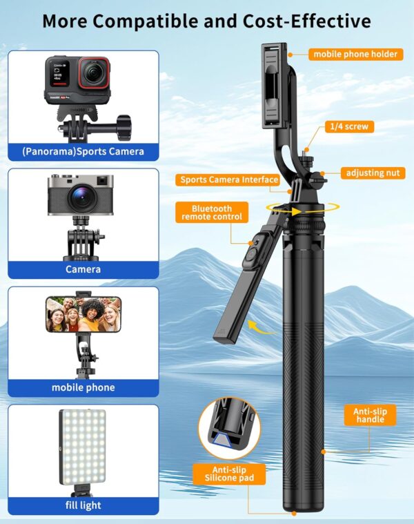 Selfie Srick Tripod Phone:70.8" Adjustable Stand for iPhone 15/Samsung S23/GoPro, Portable Tripod for Camera & Phone, Vlogging, YouTube Live Streaming, Travel Photography - Image 7