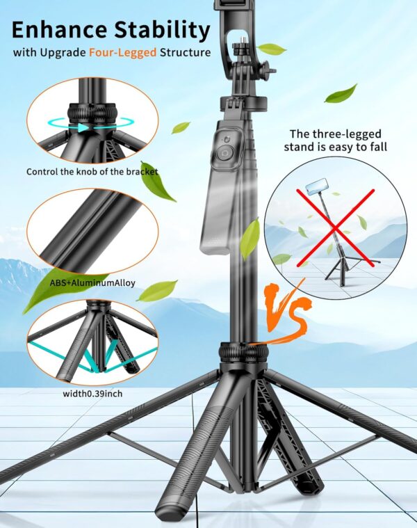 Selfie Srick Tripod Phone:70.8" Adjustable Stand for iPhone 15/Samsung S23/GoPro, Portable Tripod for Camera & Phone, Vlogging, YouTube Live Streaming, Travel Photography - Image 3