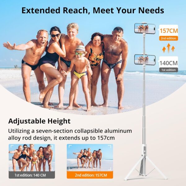 ATUMTEK 62" Selfie Stick Tripod, Extendable Aluminum Tripod with Rechargeable Bluetooth Remote, Compatible with iPhone and Android Smartphones, Perfect for Travel, Vlog, Video and Photo, White - Image 2