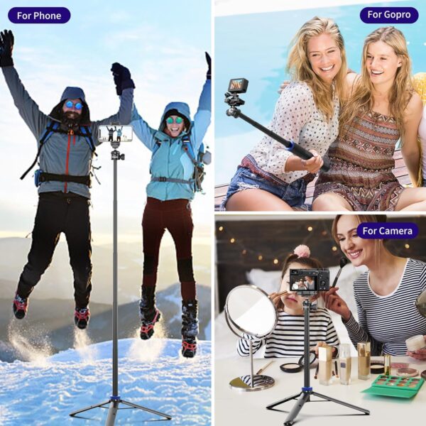 Selfie Stick Tripod with Remote Control, 64" Extendable Vlog Stand with 2-in-1 Phone Clip, 360 Ball Head Camera Tripod for iPhone, Sony, Canon, GoPro, Lightweight for Travel - Image 7
