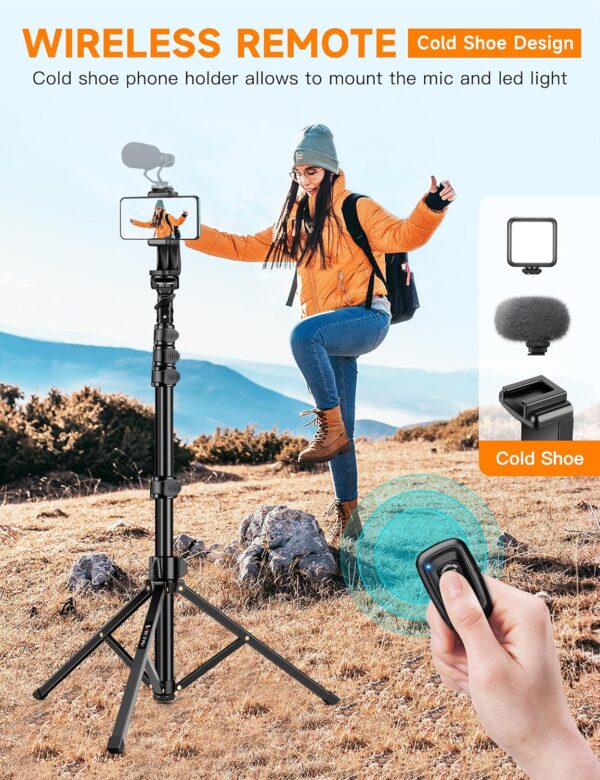 Phone Tripod, 86" Tall Tripod for iPhone with Flexible Gooseneck & Remote, Portable Aluminum Cellphone Stand for Selfies, Video Recording,Travel, Compatible with iPhone Android - Image 3